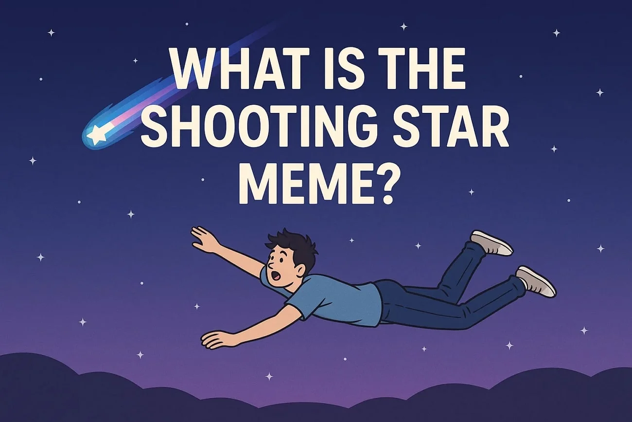 Shooting Stars — An animated illustration with bold text asking 'WHAT IS THE SHOOTING STAR MEME?' featuring a cartoon character floating in space.