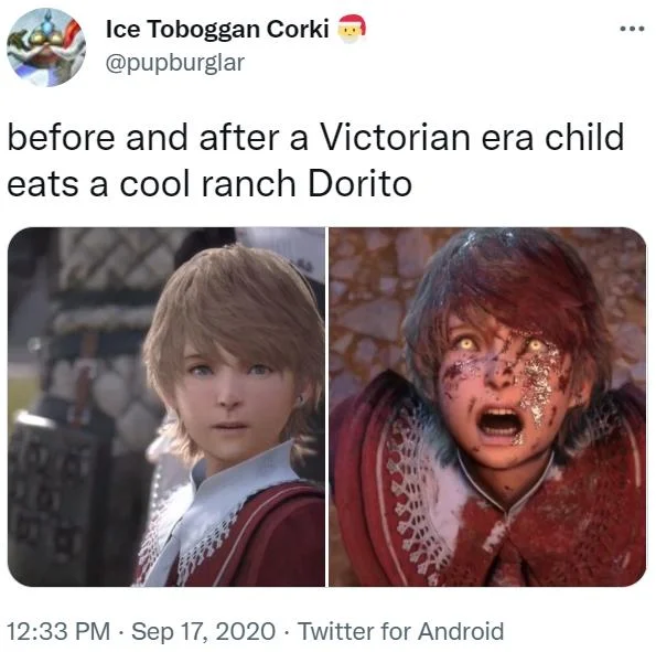 Showing Things to a Victorian Child — Tweet showing before and after images of a Final Fantasy character eating a cool ranch Dorito.