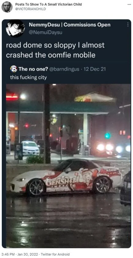 Showing Things to a Victorian Child — Victorian Child account quote-tweet about an itasha Genshin Impact car and 'road dome.'