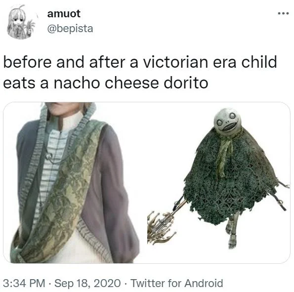 Showing Things to a Victorian Child — Tweet showing a Victorian figure transforming into a creepy NieR creature after a nacho cheese Dorito.