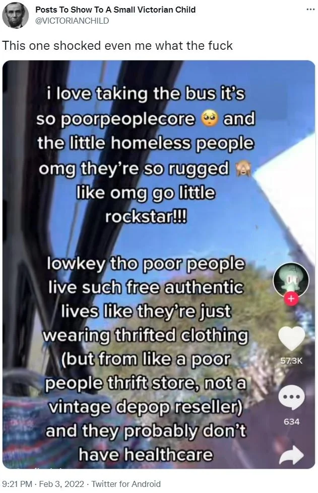 Showing Things to a Victorian Child — Victorian Child account sharing a TikTok about romanticizing poverty as 'poorpeoplecore.'