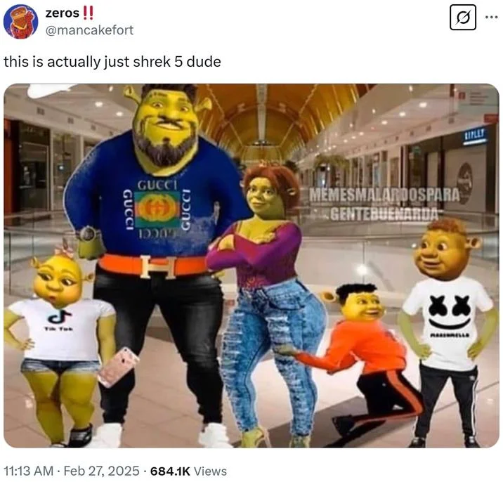 Shrek 5 Character Redesigns — A meme showing Shrek 5 redesigned characters placed in a real-world shopping mall setting with commentary joking about the new
