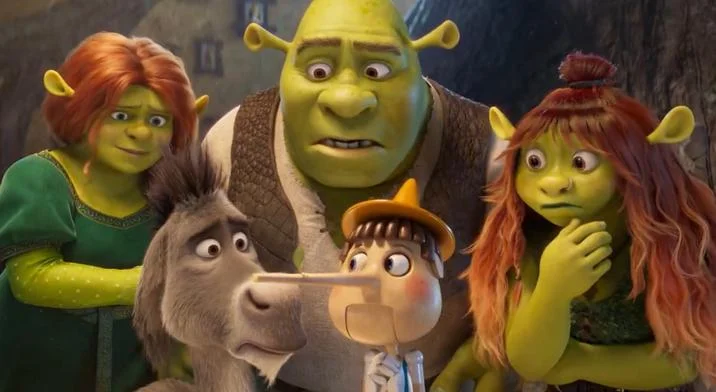 Shrek 5 Character Redesigns — Official promotional artwork from the Shrek 5 teaser trailer featuring updated character designs of Fiona, Shrek, Donkey, and