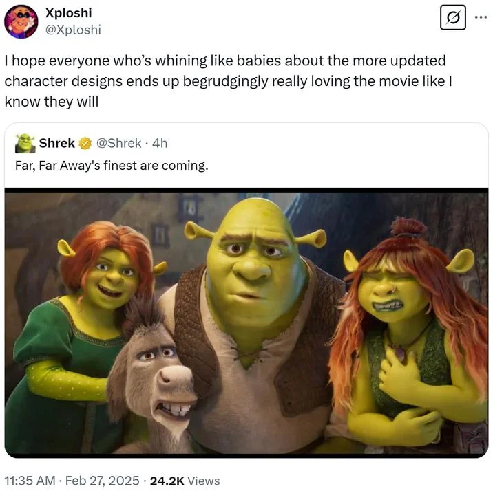 Shrek 5 Character Redesigns — A Twitter post screenshot with the official Shrek 5 redesign image, showing community discussion and encouragement for optimism.