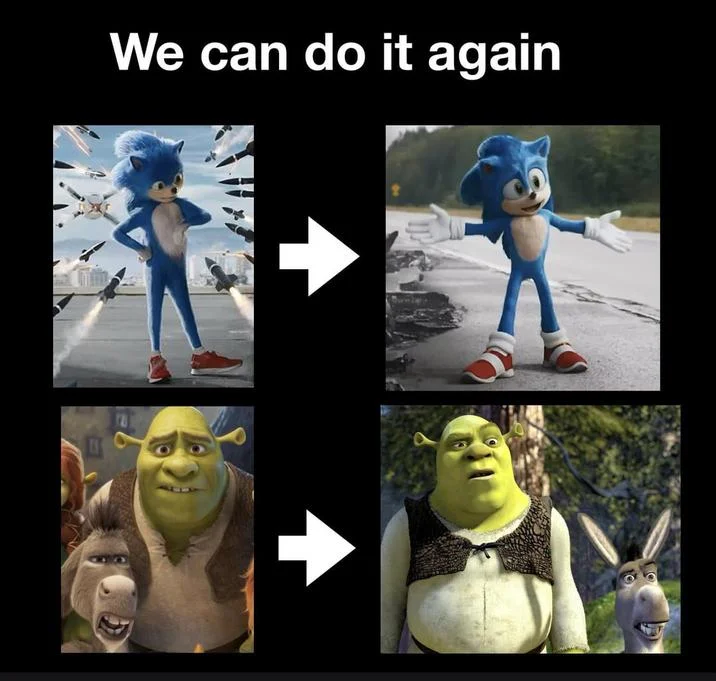 Shrek 5 Character Redesigns — A comparative meme showing the Sonic movie redesign controversy alongside Shrek 5 redesigns, with 'We can do it again' caption.