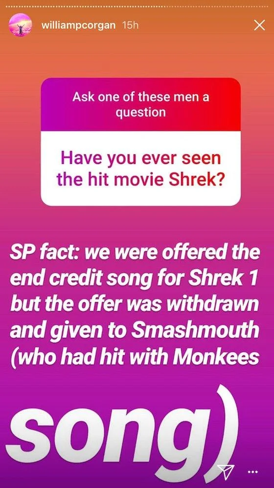 William Corgan Instagram Story about being offered the Shrek 1 end-credit song