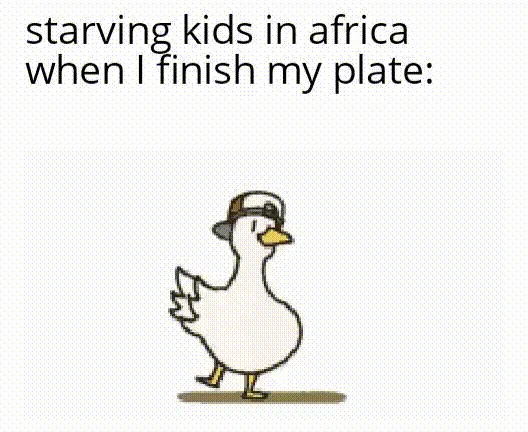 Dancing Shuba Duck GIF with dark humor caption about finishing a plate of food