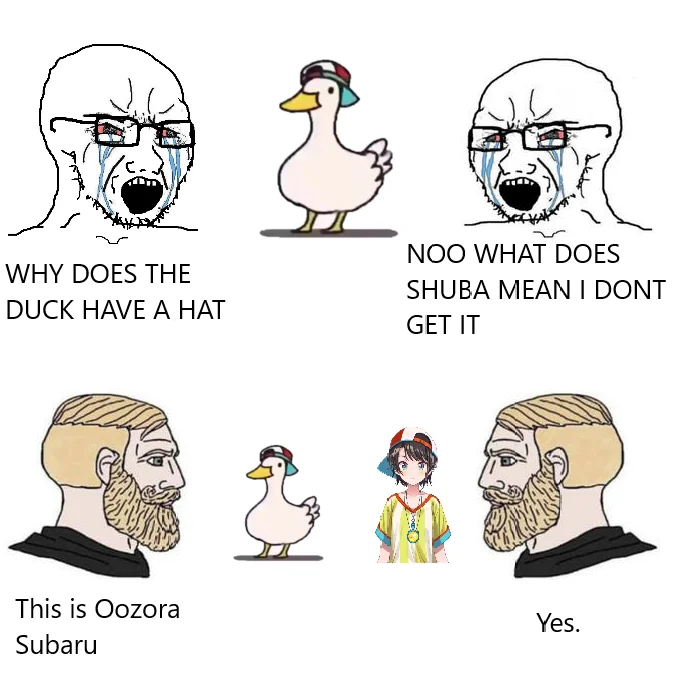 Shuba Duck — Soyjak vs Chad meme explaining that the dancing duck represents VTuber Oozora Subaru