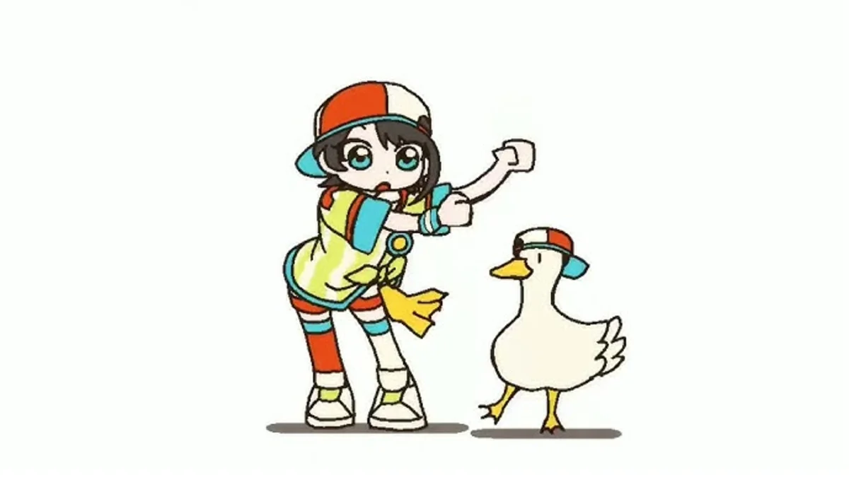 Shuba Duck — Chibi Oozora Subaru standing next to her white duck mascot, both in backwards baseball caps