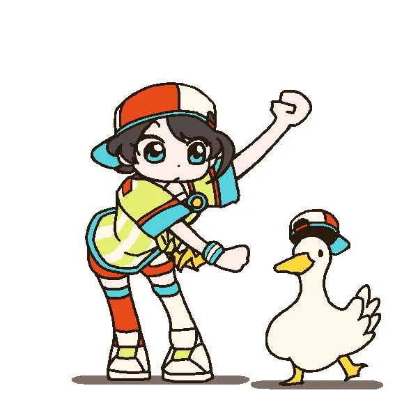 Fan art collage with Shuba Duck, chibi Oozora Subaru, and other cartoon characters