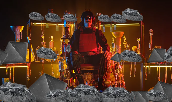 Dramatic throne scene surrounded by shungite rocks and trophies