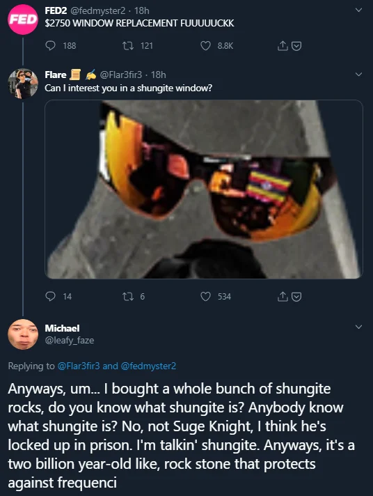 Twitter screenshot of viral shungite conversation about window replacements