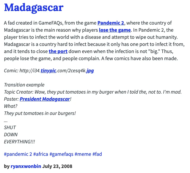 Text screenshot explaining the Madagascar Pandemic 2 meme with the phrase SHUT DOWN EVERYTHING