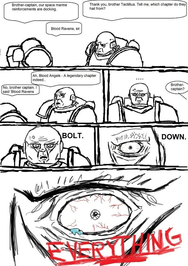 Shut Down Everything — Warhammer 40K space marine comic parody ending in Bolt Down Everything