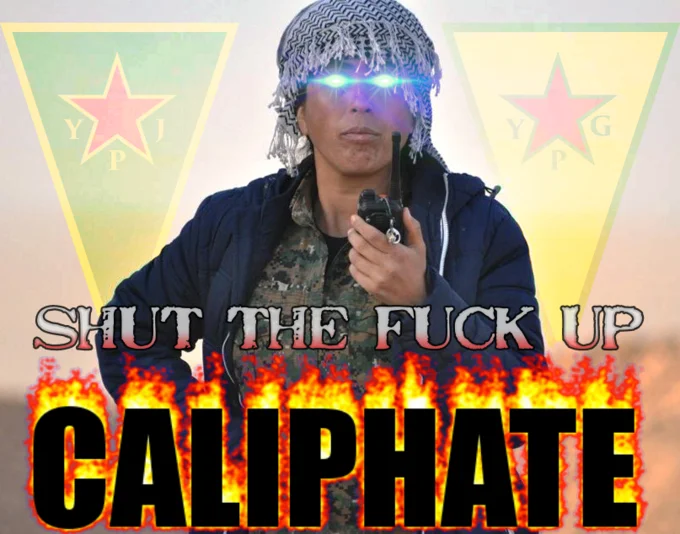 Shut The Fuck Up Liberal Silence Brand — A person in tactical military clothing with laser eyes against Kurdish military insignia backdrop, with text 'SHUT THE
