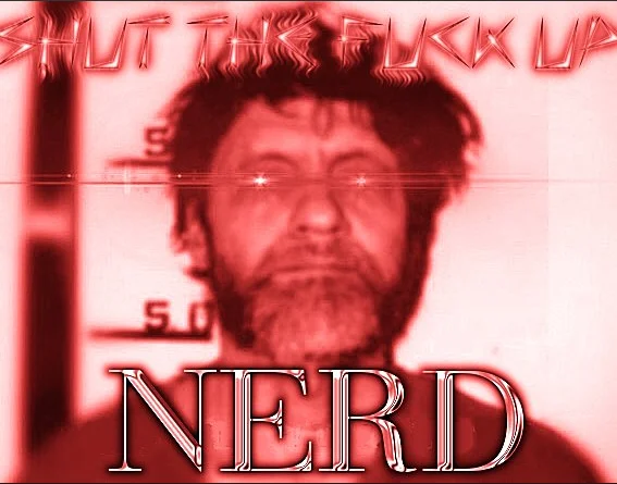 Shut The Fuck Up Liberal Silence Brand — A red-tinted mugshot-style photograph with glitch-styled text 'SHUT THE FUCK UP' and chrome 'NERD' lettering.