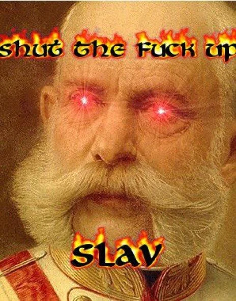 Shut The Fuck Up Liberal Silence Brand — A historical portrait of a bearded military officer with glowing red laser eyes, topped with fire-styled text 'shut