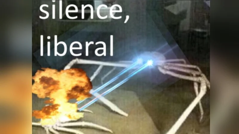 Shut The Fuck Up Liberal Silence Brand — The Silence Liberal meme showing a giant spider crab shooting blue laser beams at an exploding smaller crab with text