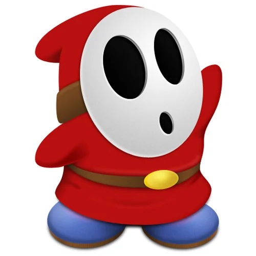Shy Guy character in red robe and white mask with round black eyes
