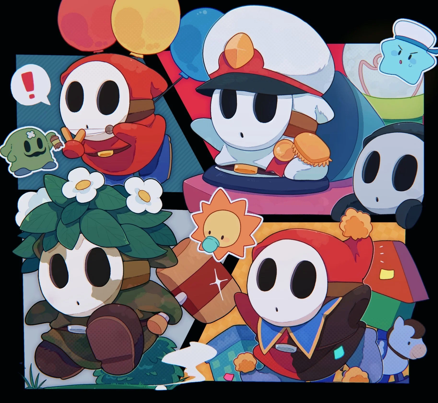 Illustrated collage of multiple themed Shy Guy variants