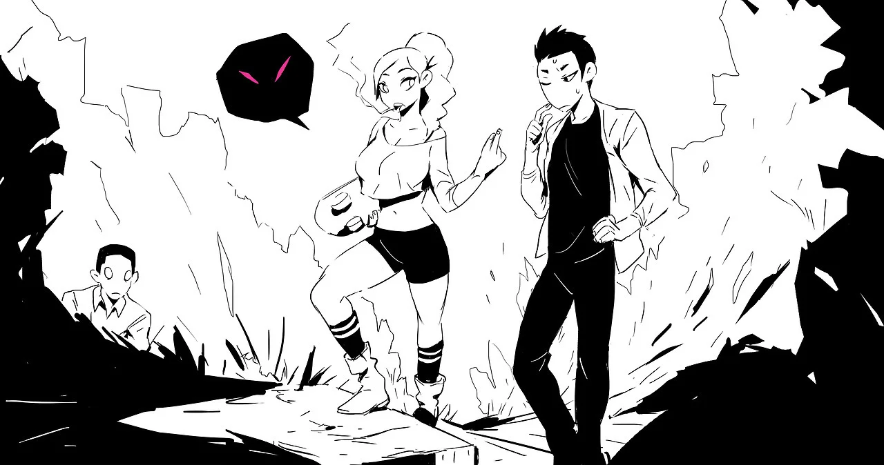 Siamés' "The Wolf" — Black-and-white fan art of Siames 'The Wolf' characters with the wolf's eyes in a bubble.