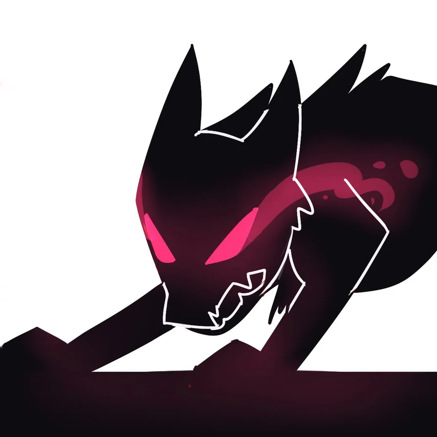Siamés' "The Wolf" — Close-up fan art portrait of the Siames wolf with glowing pink eyes and fangs.