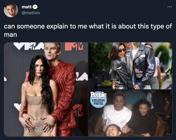Sickly Skinny White Men — Tweet with collage of celebrity couples including MGK, Travis Barker and Pete Davidson