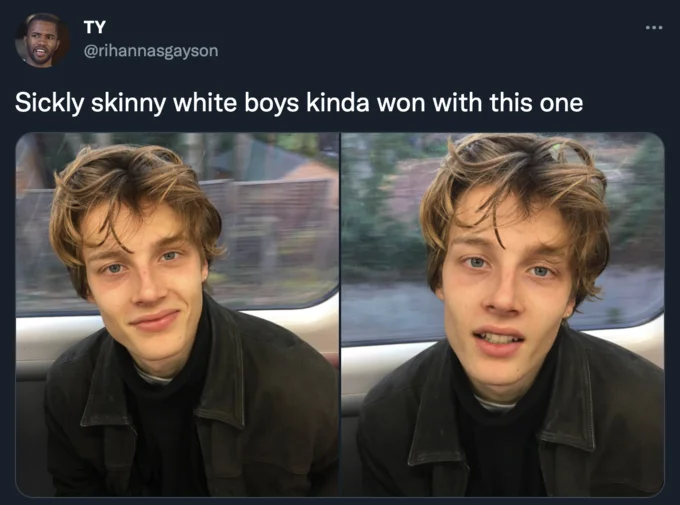 Sickly Skinny White Men — Tweet captioned 'Sickly skinny white boys kinda won with this one' showing two photos of a thin young white man