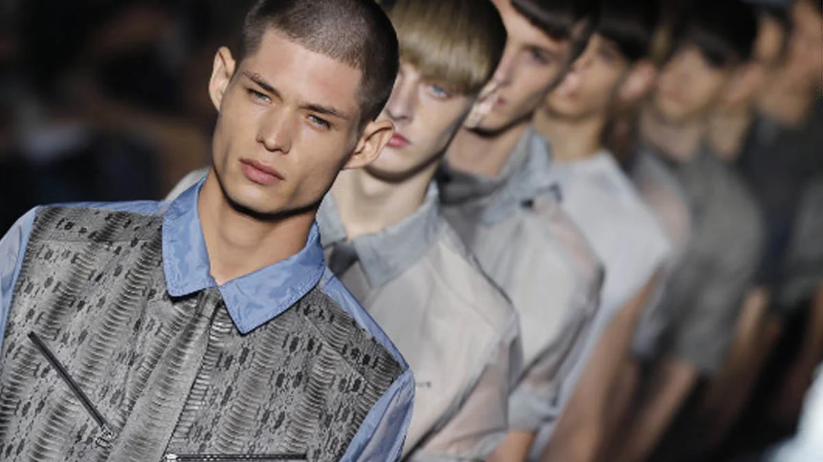 Sickly Skinny White Men — Line of thin, pale young male fashion models walking a runway