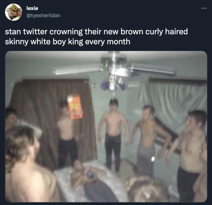 Sickly Skinny White Men — Tweet about stan Twitter crowning a new skinny white boy king monthly with group of shirtless thin boys