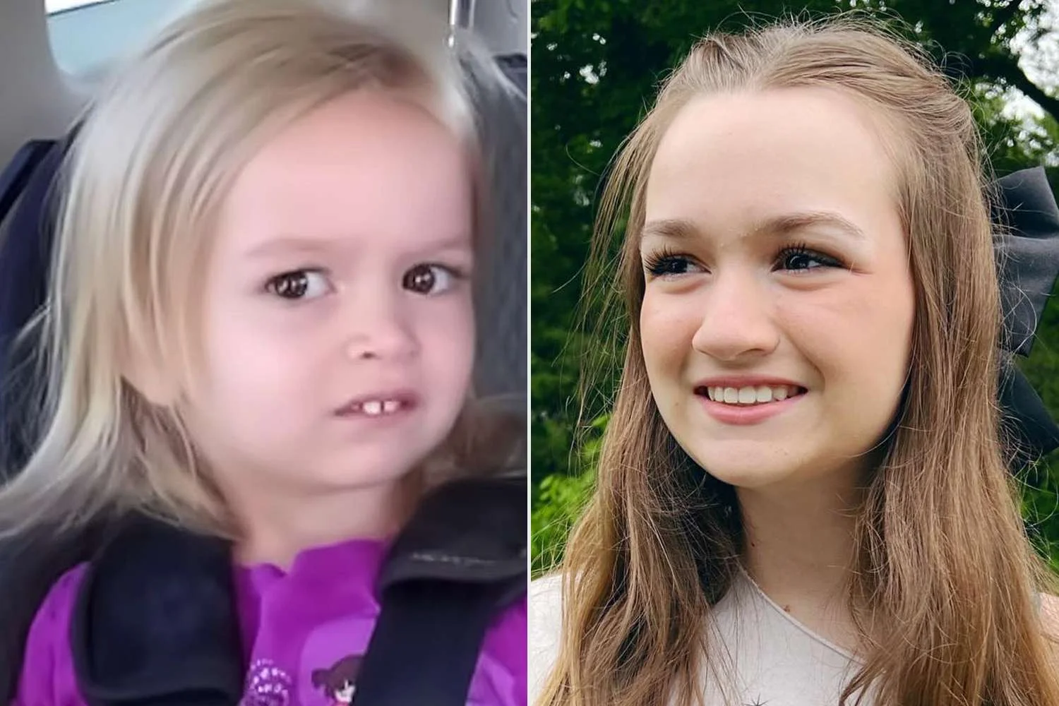 Side Eyeing Chloe — A before and after comparison of Chloe Clem showing her iconic side-eye reaction in a car on the left and her mature current appearance on