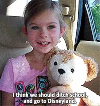 Side Eyeing Chloe — A still from the viral Chloe video showing a young girl in a car seat holding a stuffed animal with caption about ditching school for