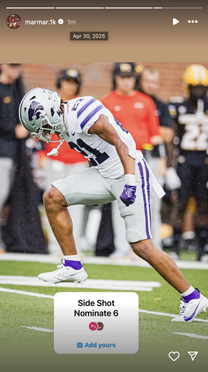 An American football player in full gear captured in side profile during game action participating in the Side Shot Nominate 6 trend.