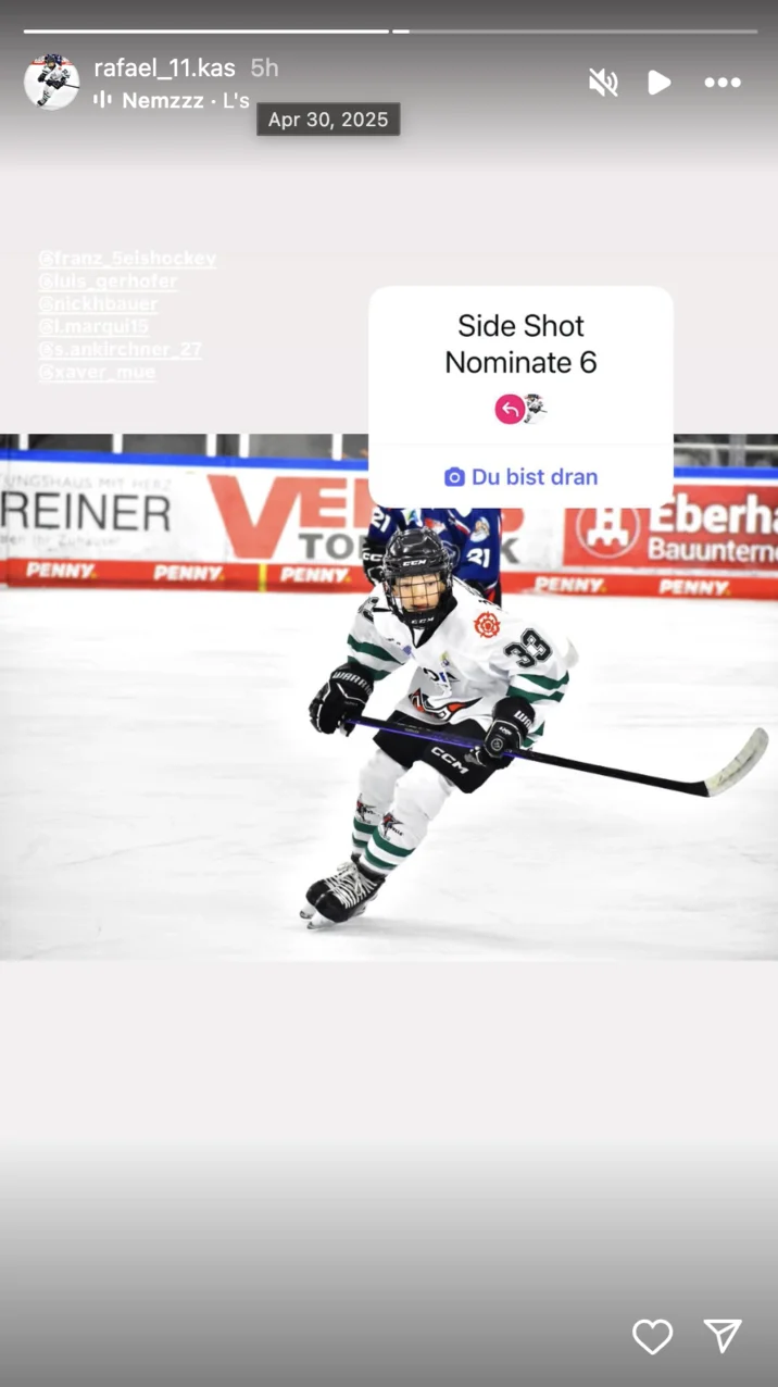 Side Shot Nominate 6 Trend — A hockey player's side profile photo shared via the Side Shot Nominate 6 Instagram trend from April 30, 2025, with trend sticker