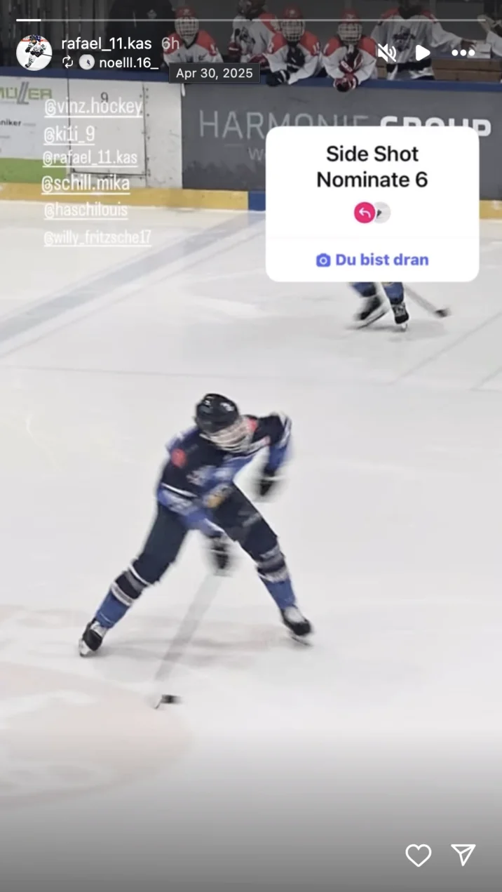 A hockey player captured in side profile during game action sharing their moment to the Side Shot Nominate 6 trend via Instagram story.