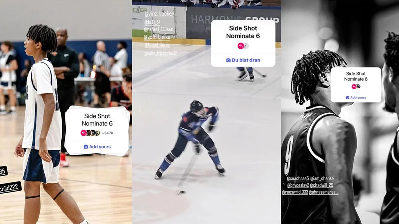 Side Shot Nominate 6 Trend — A three-panel collage featuring basketball, volleyball, and hockey athletes each captured in side profile with the Side Shot