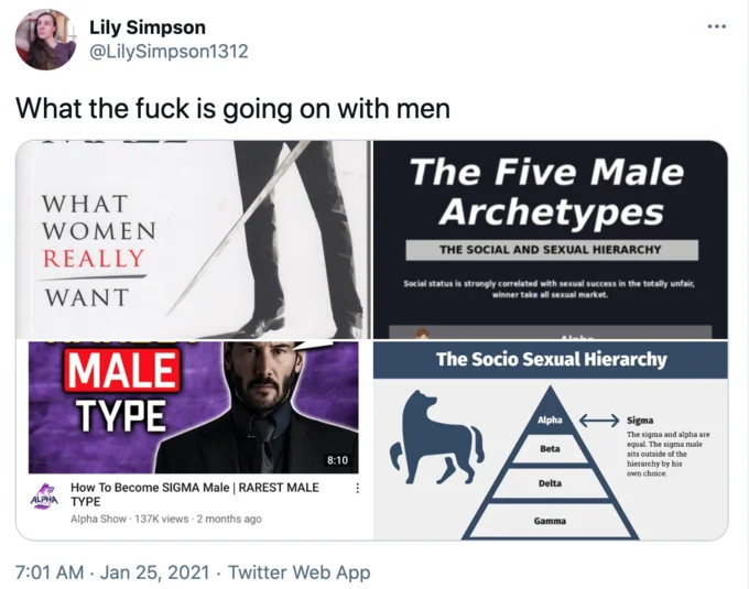 Sigma Males — Tweet by Lily Simpson mocking sigma male content with a four-image collage