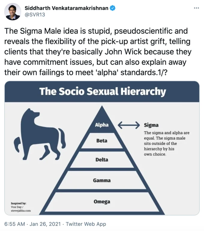 Sigma Males — Tweet criticizing the sigma male concept with a socio sexual hierarchy pyramid diagram