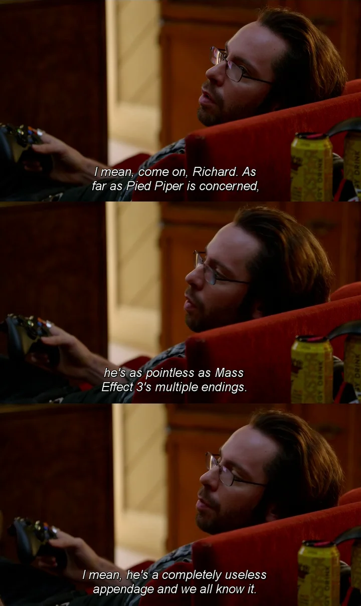 Silicon Valley — Subtitled screenshot of Gilfoyle comparing Richard to Mass Effect 3 endings