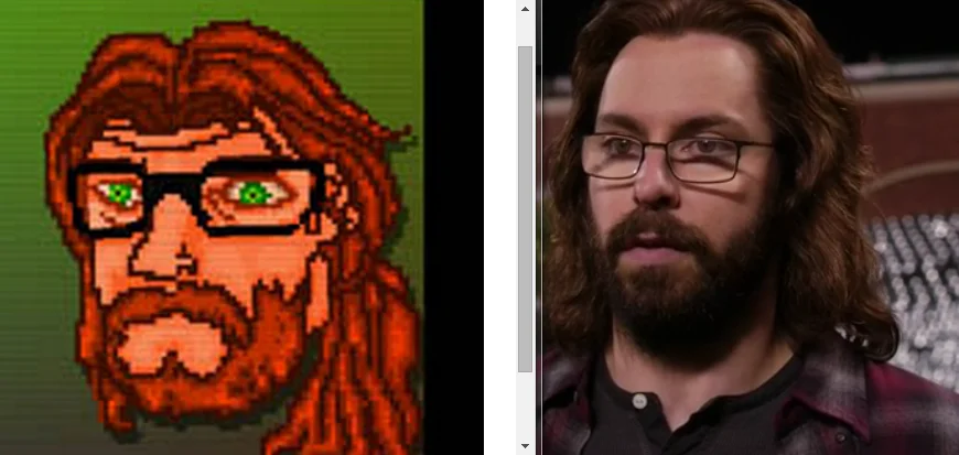 Comparison of pixel art Gilfoyle and live-action Gilfoyle from Silicon Valley
