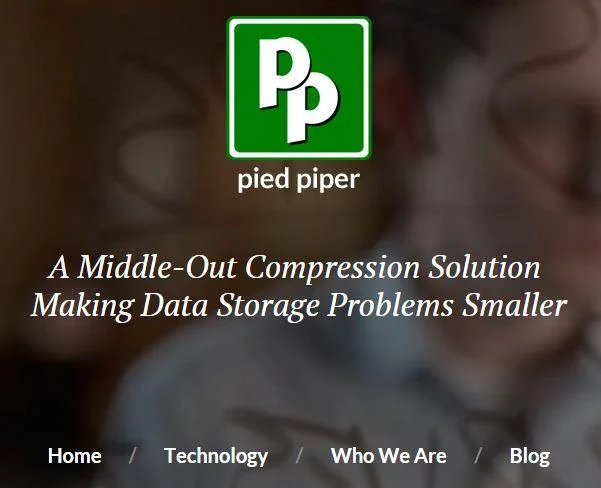 Silicon Valley — Pied Piper fictional website homepage with green logo and compression tagline
