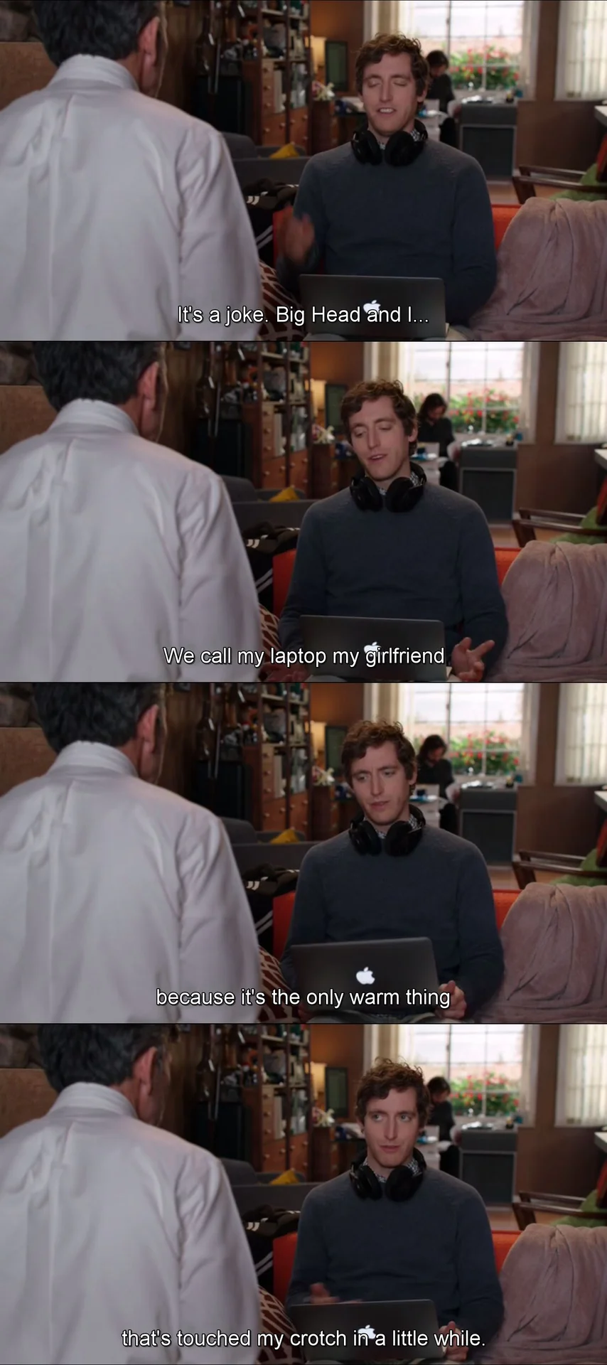 Silicon Valley — Four-panel subtitled screenshot of Richard joking about calling his laptop his girlfriend