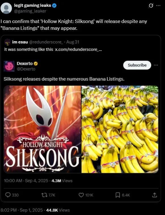 Silksong Releases Despite The Numerous Banana Listings — A tweet from a gaming leaker. The tweet reads, "I can confirm that 'Hollow Knight: Silksong' will