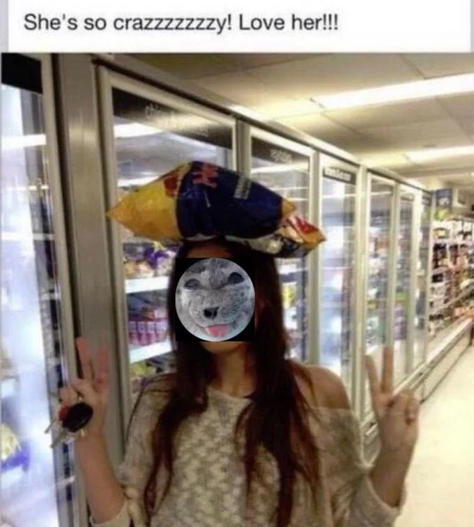 Silly Baby Seal With Tongue Out Ponsuke Kun — Meme of a woman in a grocery aisle with a chip bag on her head and Ponsuke-kun's face pasted over hers.