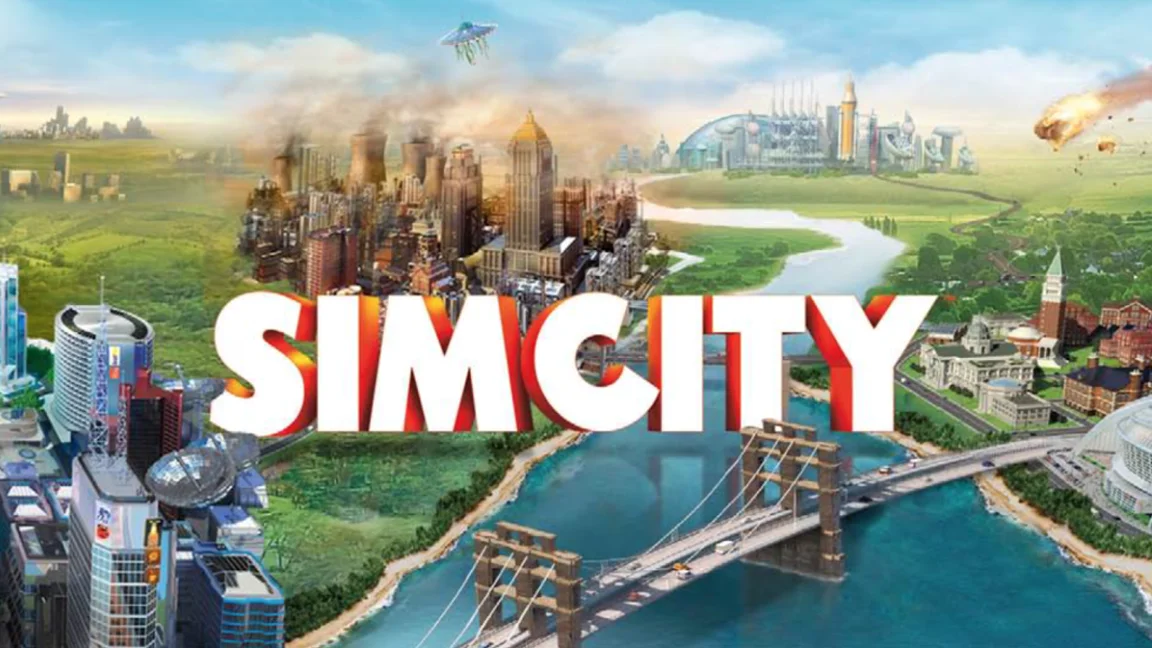 SimCity 2013 promotional artwork featuring the game's logo over a stylized city with a bridge, UFO, and meteor.