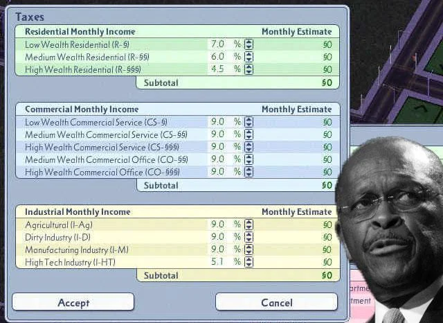 SimCity tax menu showing 9-9-9 tax rates with Herman Cain photoshopped into the corner.