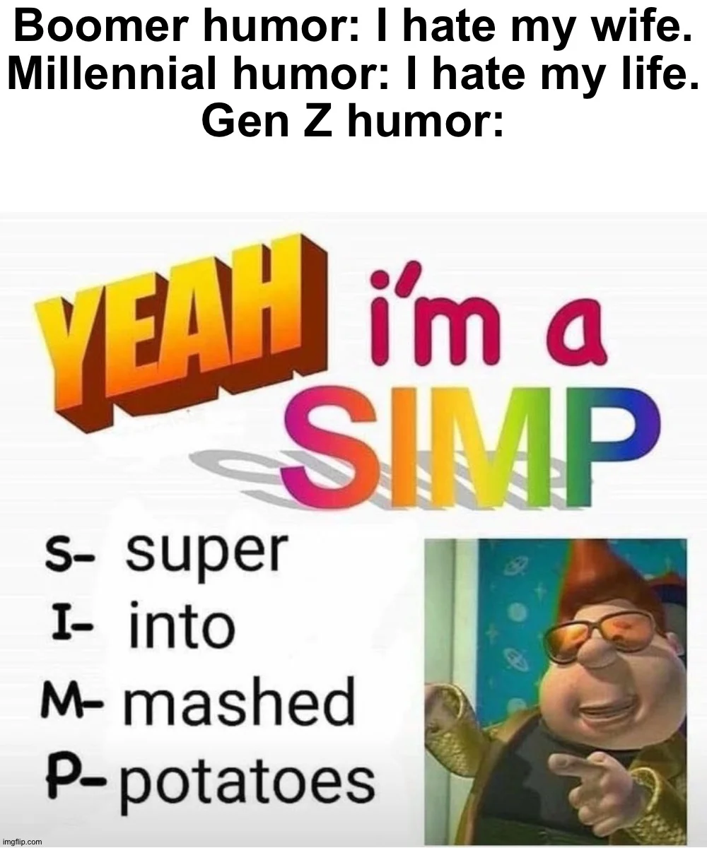 A multi-part comparison showing how Gen Z redefines simp as an acronym with colorful bold text references.