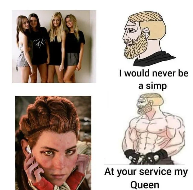 A fill-in-the-blank meme template populated with real photos showing customizable simp behavior scenarios.