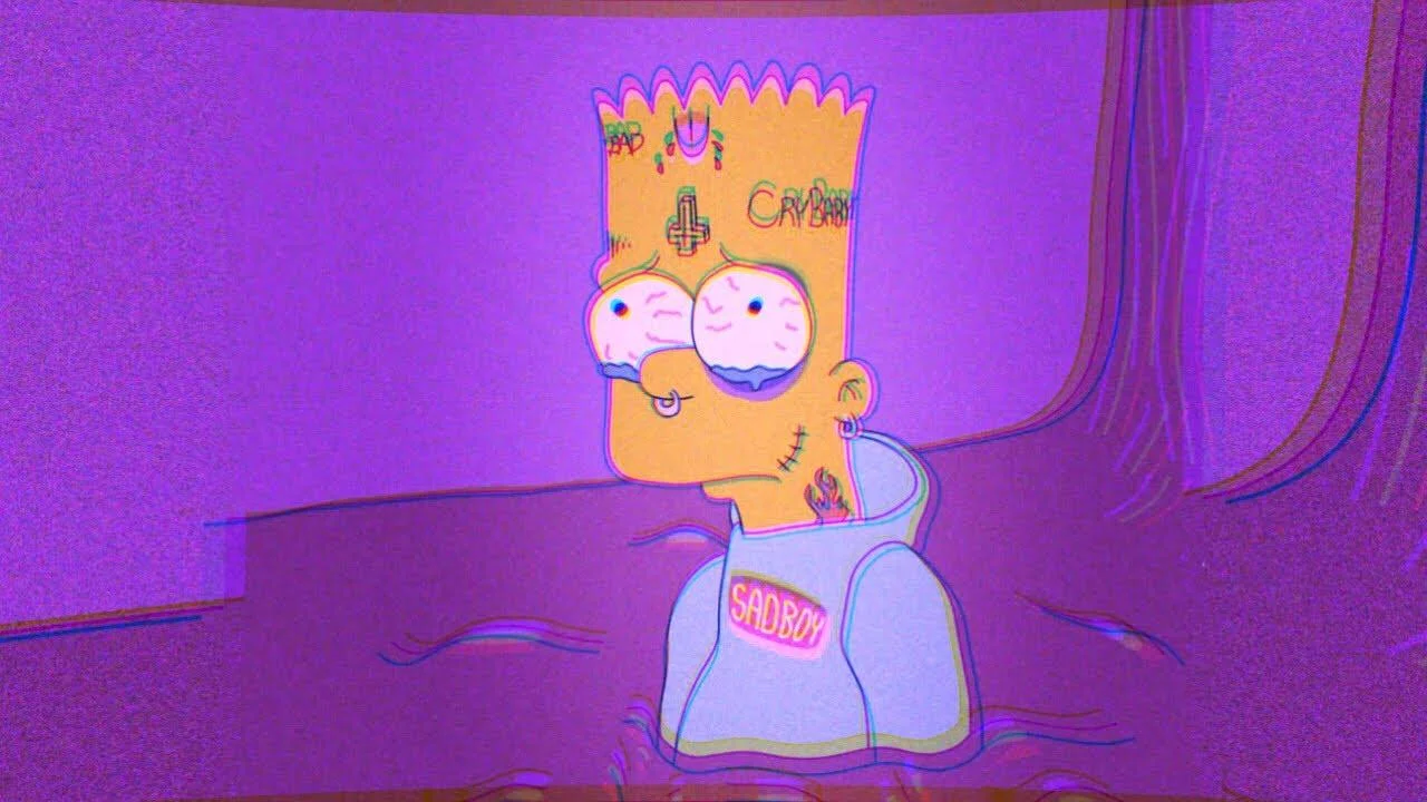 Simpsonwave — Homer Simpson eating a pink sprinkled donut against a glitched vaporwave background with Japanese text, image rotated sideways