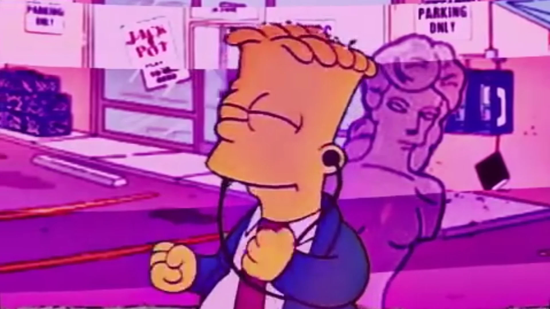 Simpsonwave — Bart Simpson in a suit walking past a storefront in pink and purple vaporwave color grading with a Greek statue overlay